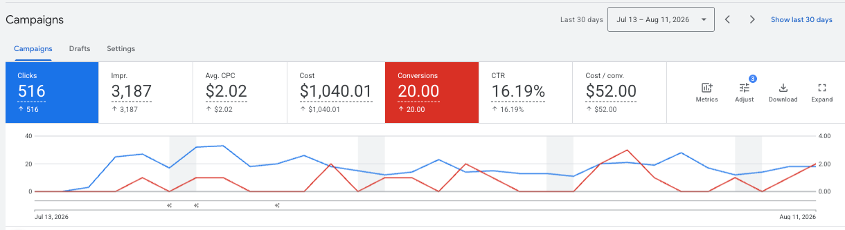 Google Ads campaign performance dashboard showing 516 clicks, 20 conversions and 16.19% CTR over 30 days for an Omaha counseling practice