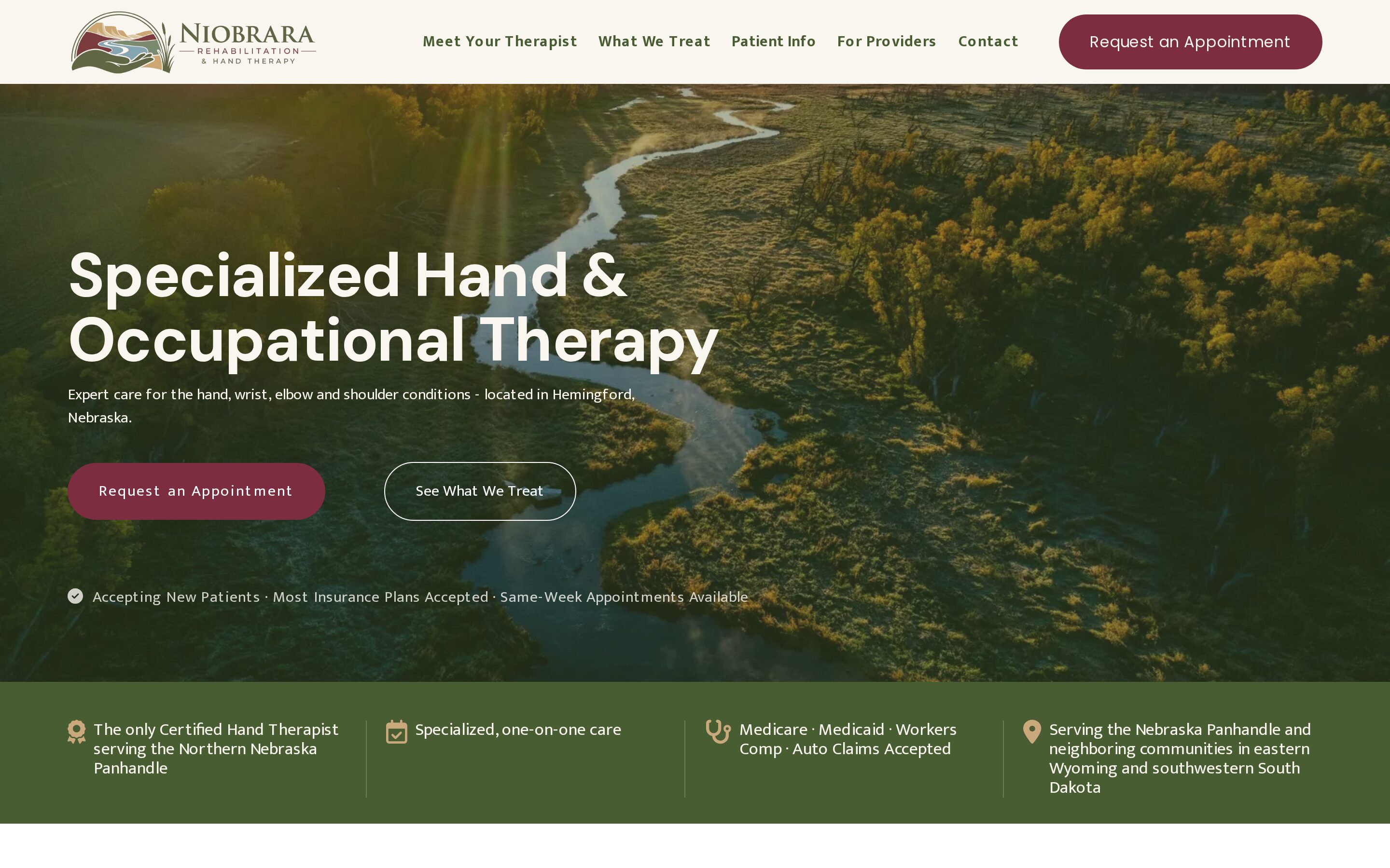 Niobrara Rehabilitation & Hand Therapy website homepage shown on a desktop screen