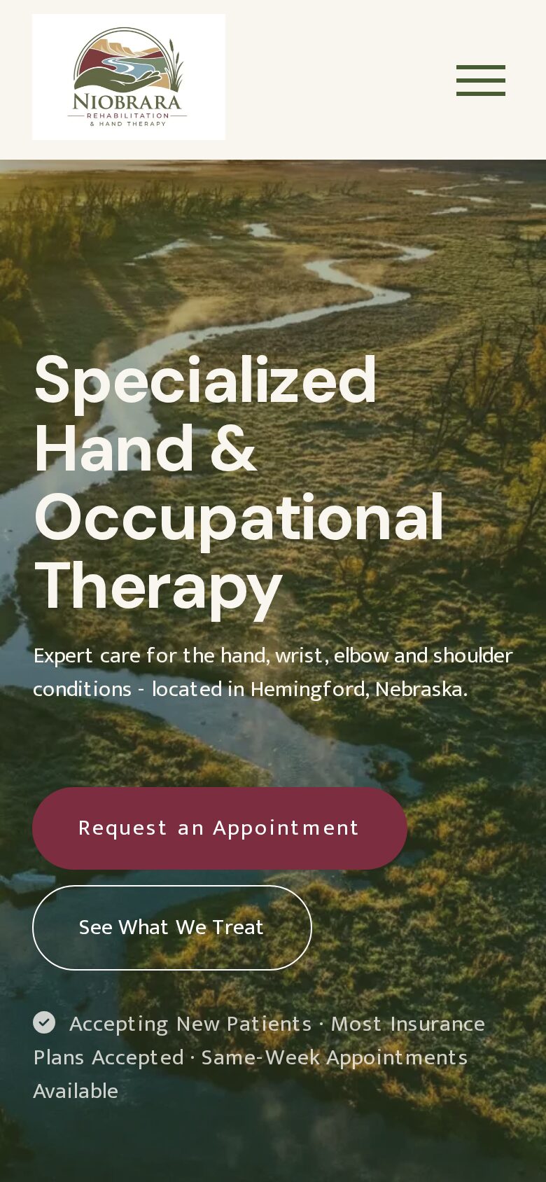 Niobrara Rehabilitation & Hand Therapy website shown on a mobile phone