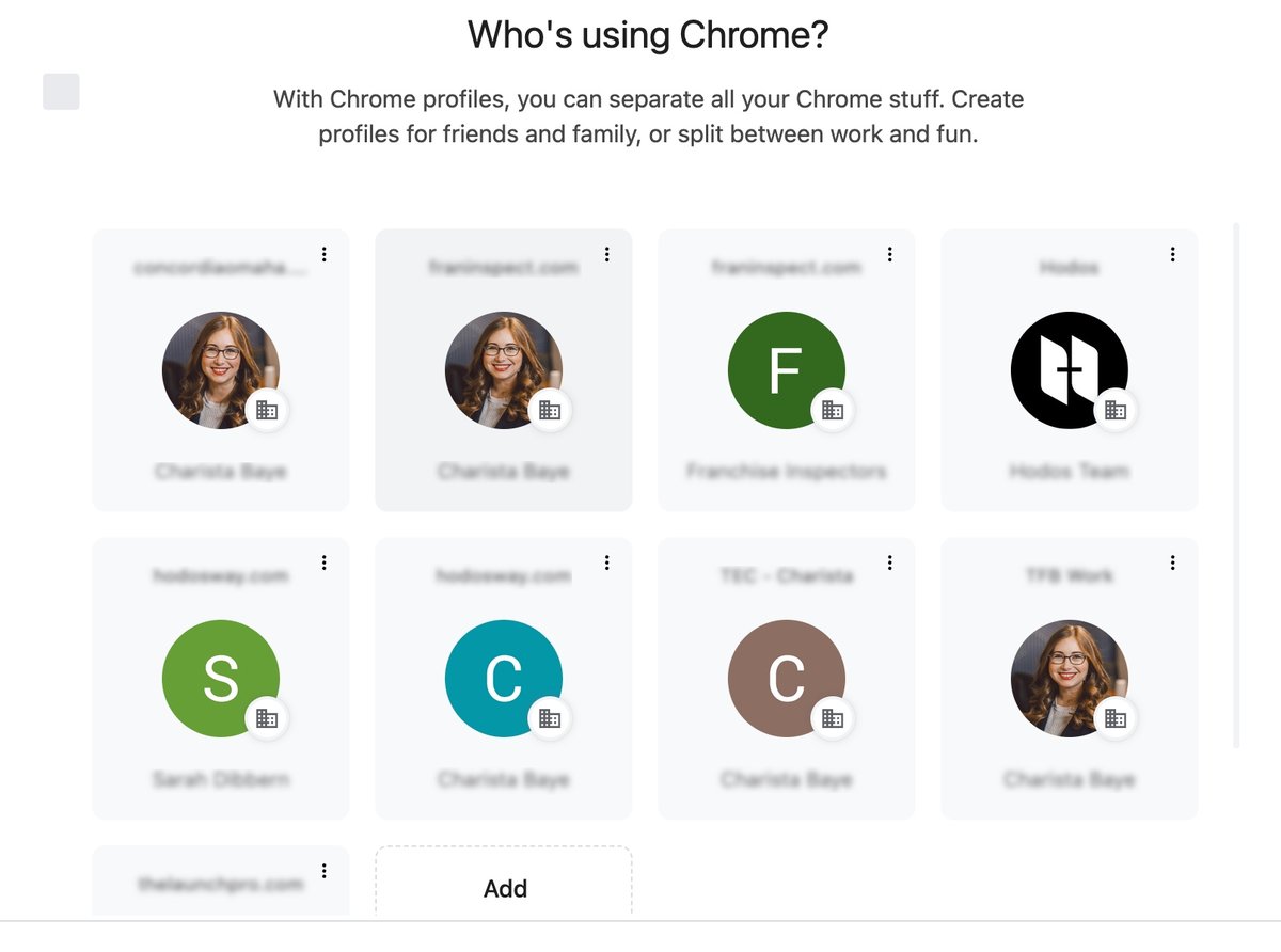 Chrome's 'Who's using Chrome?' screen showing eight separate Chrome profiles.