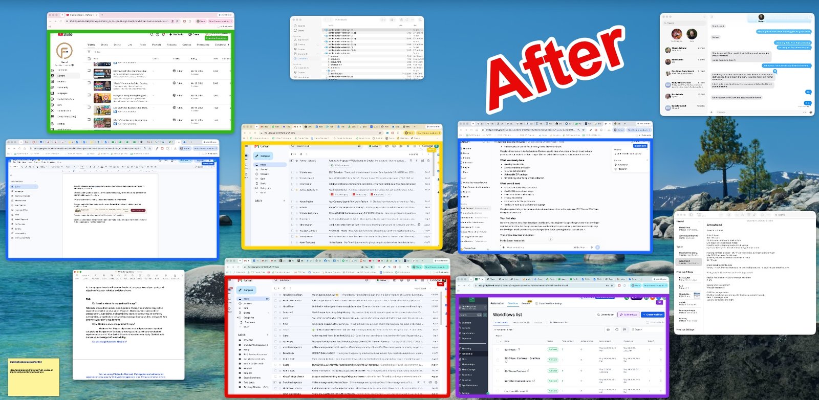 Mac Mission Control after Profile Border: Chrome windows outlined in green, yellow, blue, red, and purple so each profile stands out.