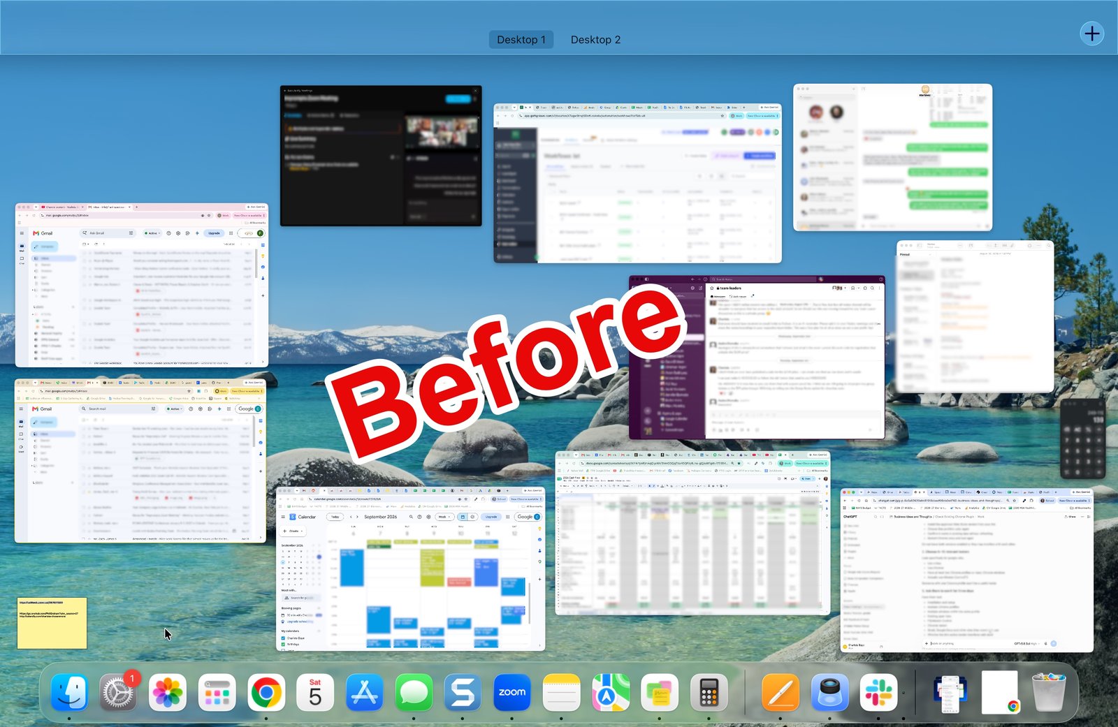 Mac Mission Control before Profile Border: many Chrome windows that look nearly identical.