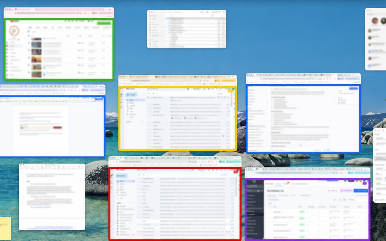 Multiple Google Chrome profile windows displayed in Mac Mission Control with green, yellow, blue, red, and purple borders created by the Profile Border Chrome extension.