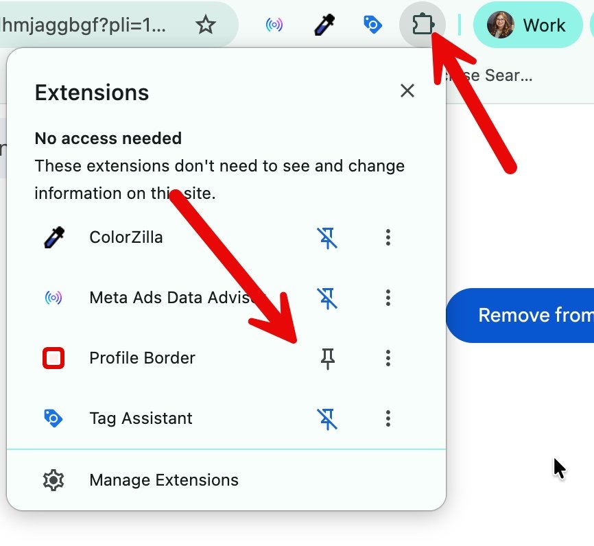 Chrome Extensions menu open with arrows pointing to the puzzle-piece icon and the pin button next to Profile Border.